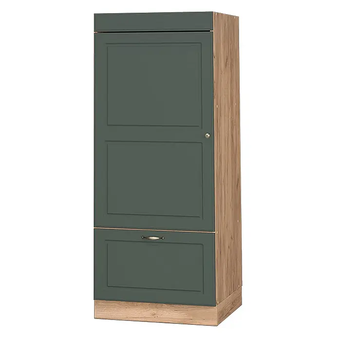 Vicco Schrankküche Fame-Line Grün-Gold Landhaus - Grün-Gold Landhaus, Mikrowellenumbauschrank 60 cm - Hoher dunkelgrüner Schrank mit Kassettentür und Schublade, mit hellen Holzseiten und -sockel.