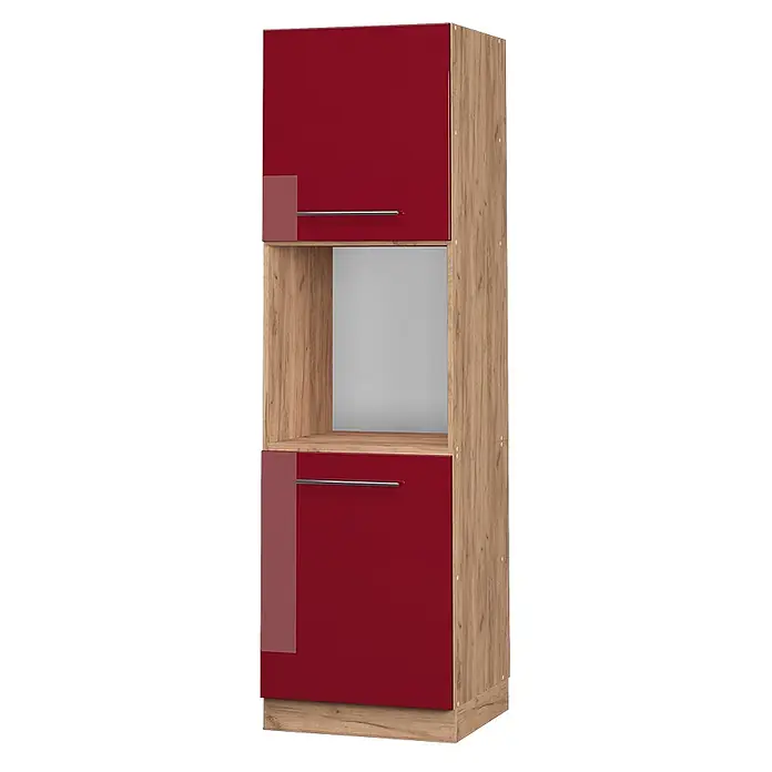 Vicco Schrankküche Fame-Line Bordeaux Hochglanz offen - Bordeaux Hochglanz, Herdumbauschrank hoch 60 cm offen - Hochschrank mit glänzenden roten Türen und hellem Holzdekor, inklusive offenem Fach und silbernen Griffen.