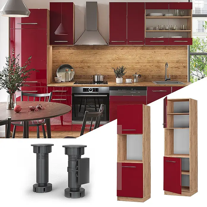 Vicco Schrankküche Fame-Line Bordeaux Hochglanz offen - Bordeaux Hochglanz, Herdumbauschrank hoch 60 cm offen - Moderne Küche mit hochglanzroten Schränken, Holz-Arbeitsplatte, integrierten Geräten und Hochschränken. Verstellbare Möbelfüße enthalten.