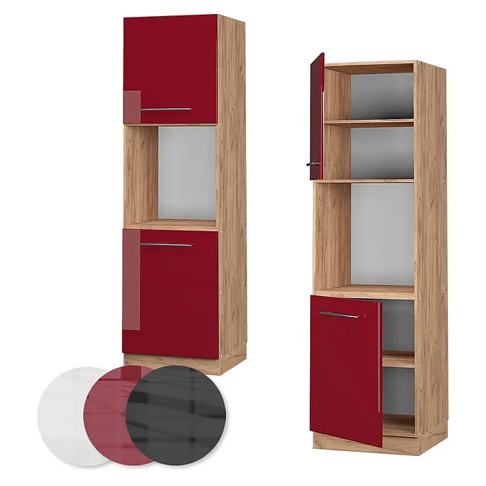 Vicco Schrankküche Fame-Line Bordeaux Hochglanz offen - Bordeaux Hochglanz, Herdumbauschrank hoch 60 cm offen - Hoher Stauraumschrank mit glänzend roten Türen und hellem Eichenholz-Rahmen, geschlossen und offen mit Regalen dargestellt.