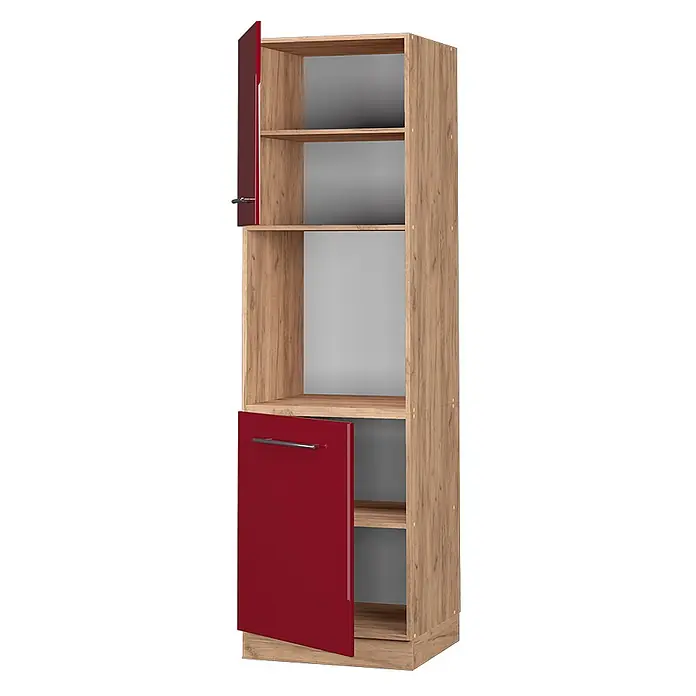 Vicco Schrankküche Fame-Line Bordeaux Hochglanz offen - Bordeaux Hochglanz, Herdumbauschrank hoch 60 cm offen - Hoher Holz-Effekt-Schrank mit offenen Regalfächern und zwei glänzend roten Türen, oben und unten leicht geöffnet.