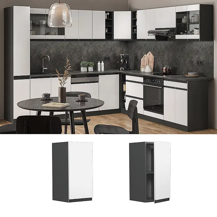 Vicco Schrankküche R-Line Weiß J-Shape - Weiß, Hängeschrank 30 cm grifflos - Moderne L-förmige Küche mit weißen und dunkelgrauen Schränken, integrierten Geräten und dunklen Arbeitsplatten.