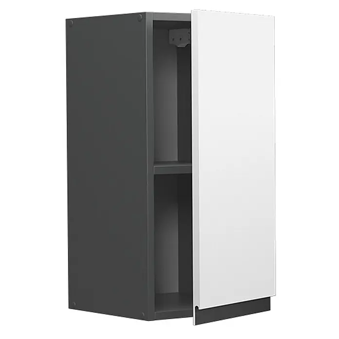 Vicco Schrankküche R-Line Weiß J-Shape - Weiß, Hängeschrank 30 cm grifflos - Dunkelgrauer Wandschrank mit weißer Tür, teilweise offen, mit internem Regal.