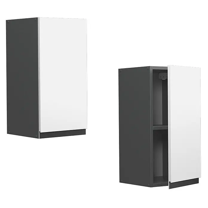 Vicco Schrankküche R-Line Weiß J-Shape - Weiß, Hängeschrank 30 cm grifflos - Zwei modulare Küchenhängeschränke, dunkelgrau mit weißen Türen, einer leicht geöffnet.