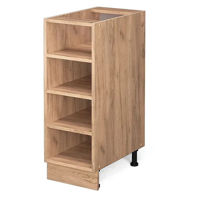 Vicco Schrankküche Fame-Line Goldkraft Eiche ohne Arbeitsplatte - Goldkraft Eiche, Regalunterschrank 30 cm - Heller Küchenunterschrank mit Holzmaserung, vier offenen Regalen und schwarzen verstellbaren Füßen.