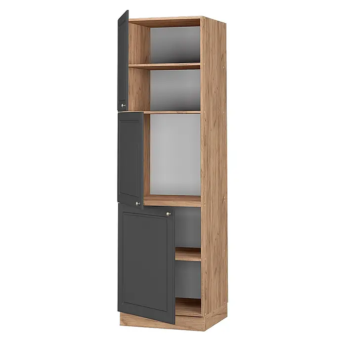 Vicco Schrankküche Fame-Line Anthrazit-Gold - Anthrazit-Gold, Vorratsschrank 60 cm - Hoher Vorratsschrank in heller Holzoptik mit dunkelgrauen Türen, teils geöffnet, die Innenfächer zeigen.
