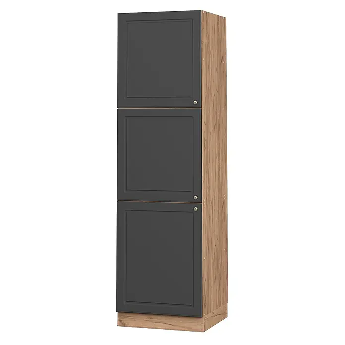 Vicco Schrankküche Fame-Line Anthrazit-Gold - Anthrazit-Gold, Vorratsschrank 60 cm - Hoher anthrazitfarbener Aufbewahrungsschrank mit drei Kassettenfronten, goldenen Knäufen und hellem Holzrahmen.