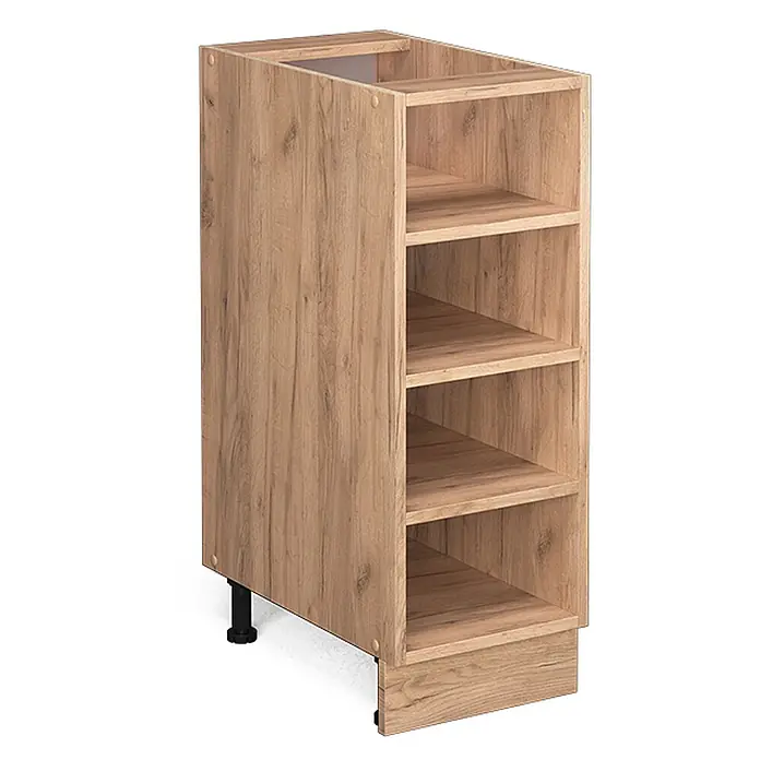 Vicco Schrankküche Fame-Line Goldkraft Eiche ohne Arbeitsplatte - Goldkraft Eiche, Regalunterschrank 30 cm - Küchenunterschrank aus hellem Holz mit Maserung, vier offenen Fächern und verstellbaren schwarzen Füßen.