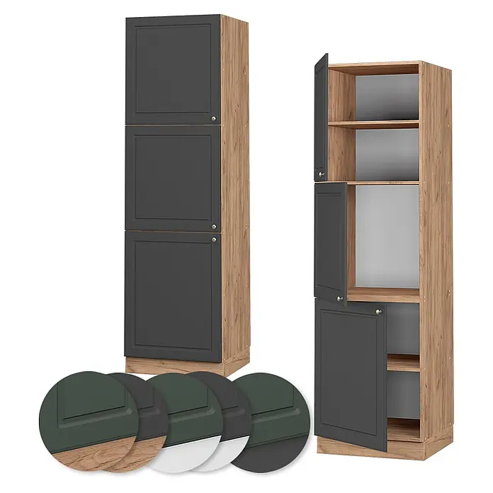 Vicco Schrankküche Fame-Line Anthrazit-Gold - Anthrazit-Gold, Vorratsschrank 60 cm - Hoher Holzschrank mit dunkelgrauen Kassettentüren, geschlossen und offen mit Regalen. Farbmuster zeigen Materialoptionen.