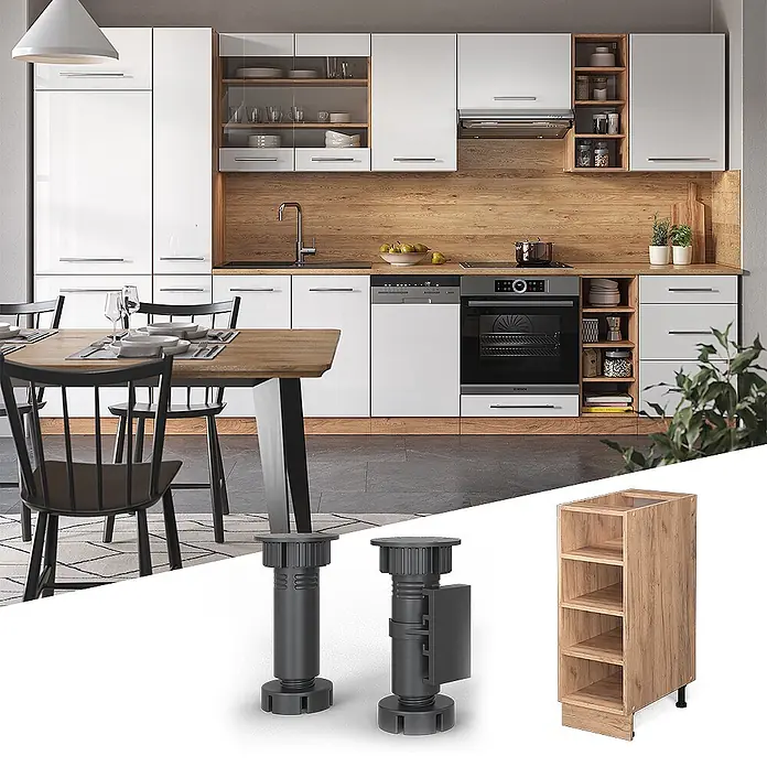Vicco Schrankküche Fame-Line Goldkraft Eiche ohne Arbeitsplatte - Goldkraft Eiche, Regalunterschrank 30 cm - Dunkelgraue verstellbare Möbelfüße und ein schmaler hölzerner Küchenunterschrank mit offenen Regalen.