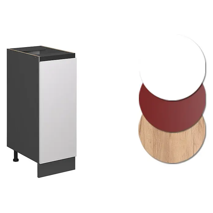 Vicco Schrankküche R-Line Weiß J-Shape AP Marmor - Weiß, Apothekerunterschrank 30 cm grifflos AP Marmor - Küchenunterschrank mit weißer Tür und Farbmuster in Weiß, Dunkelrot, Holzoptik.