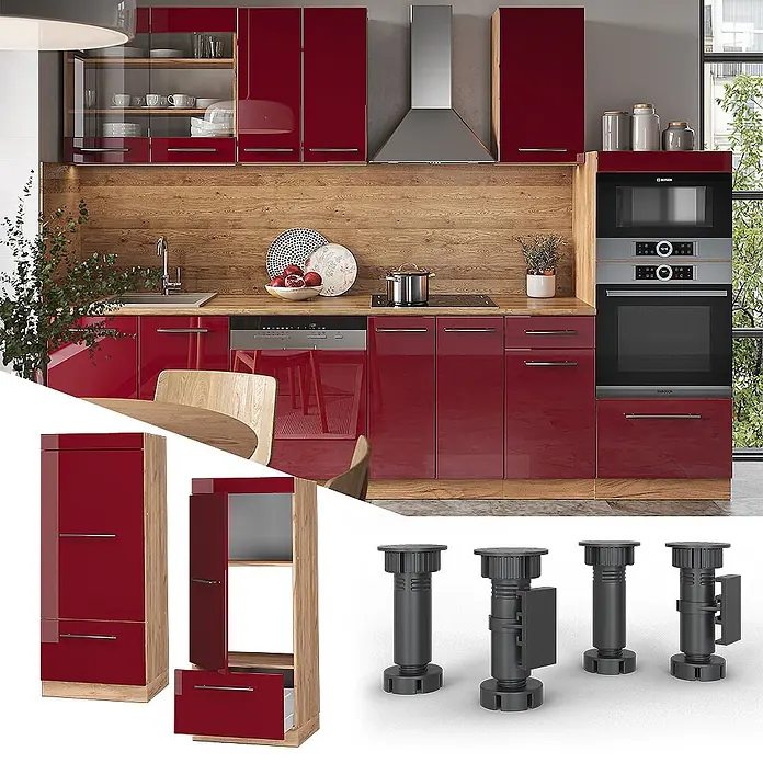 Vicco Schrankküche Fame-Line Bordeaux Hochglanz - Bordeaux Hochglanz, Mikrowellenumbauschrank 60 cm - Moderne Küche mit hochglänzenden roten Schränken und Holzdekorelementen, integrierten Geräten, Schrankmodulen und verstellbaren Möbelfüßen.