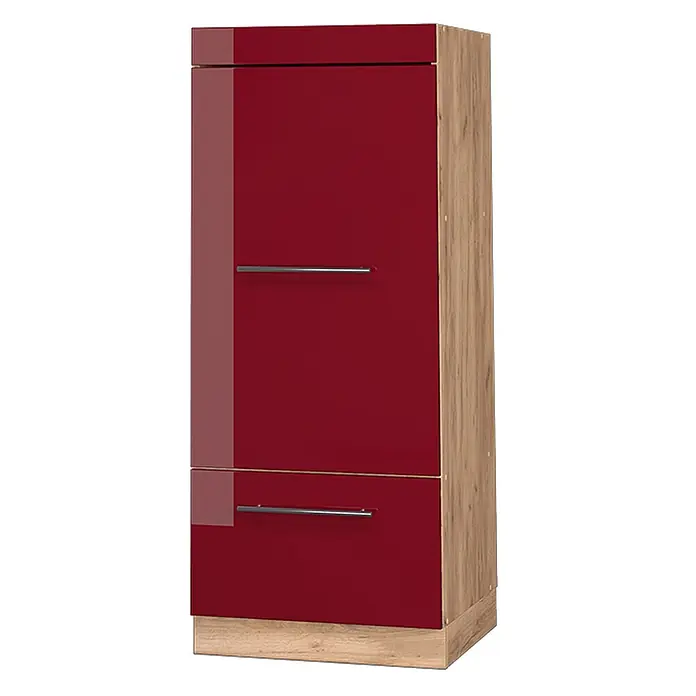 Vicco Schrankküche Fame-Line Bordeaux Hochglanz - Bordeaux Hochglanz, Mikrowellenumbauschrank 60 cm - Hoher roter Hochglanzschrank mit zwei Türen, silbernen Griffen und hellen Holzseiten.