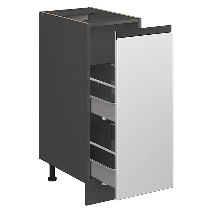 Vicco Schrankküche R-Line Weiß J-Shape AP Marmor - Weiß, Apothekerunterschrank 30 cm grifflos AP Marmor - Dunkelgrauer Küchenunterschrank mit weißer Auszugstür und zwei grauen Innenschubladen.