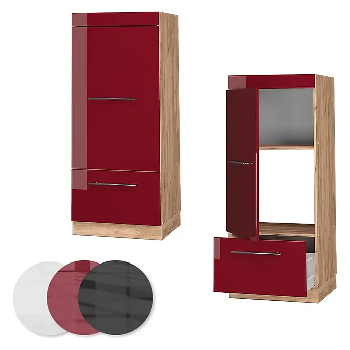 Vicco Schrankküche Fame-Line Bordeaux Hochglanz - Bordeaux Hochglanz, Mikrowellenumbauschrank 60 cm - Hoher Schrank: bordeauxglänzende Front, heller Holzrahmen. Geschlossen und offen mit Regal & Schublade gezeigt. Weiße, bordeauxrote, schwarze Farbmuster.