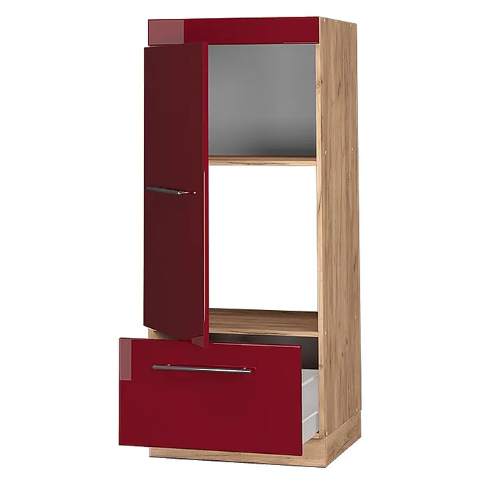 Vicco Schrankküche Fame-Line Bordeaux Hochglanz - Bordeaux Hochglanz, Mikrowellenumbauschrank 60 cm - Hoher Holzschrank mit offener hochglanzroter Tür und teilweise geöffneter Schublade.