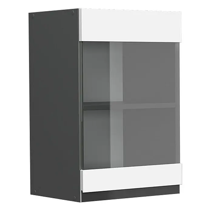 Vicco Schrankküche R-Line Weiß J-Shape - Weiß, Hängeglasschrank 40 cm grifflos - Dunkelgrauer Wandschrank mit Klarglastüren und weißen Akzenten oben/unten, mit Einlegeböden.