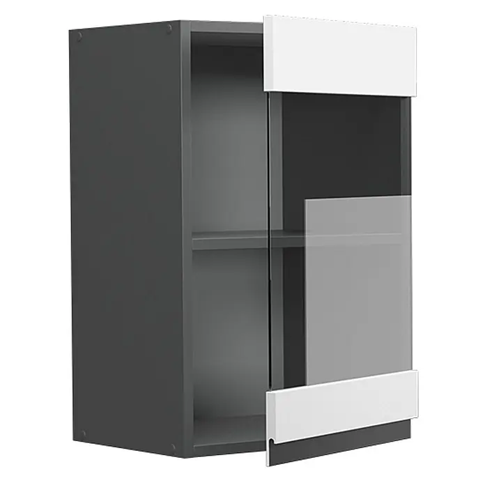 Vicco Schrankküche R-Line Weiß J-Shape - Weiß, Hängeglasschrank 40 cm grifflos - Dunkelgrauer Wandschrank mit klarer Glastür und weißer Blende, teilweise geöffnet, um Regale zu zeigen.