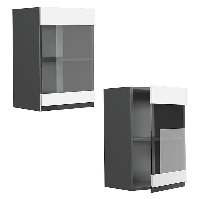 Vicco Schrankküche R-Line Weiß J-Shape - Weiß, Hängeglasschrank 40 cm grifflos - Dunkelgrauer Wandschrank mit weißen Akzenten und Glastür, geschlossen und teilweise geöffnet dargestellt.
