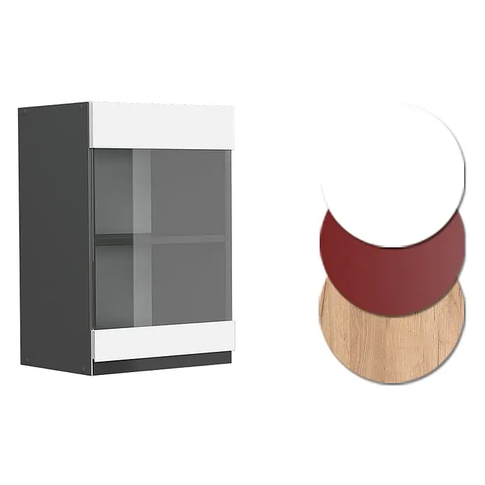 Vicco Schrankküche R-Line Weiß J-Shape - Weiß, Hängeglasschrank 40 cm grifflos - Grauer Schrank mit Glastür und weißen Ober-/Unterplatten, daneben Farbmuster in Weiß, Burgunderrot und Holzoptik.