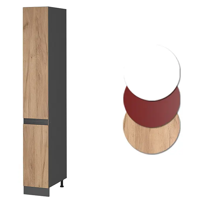 Vicco Apothekerschrank R-Line, Goldkraft Eiche, 30 cm -  - Hoher Schrank mit Holzmusterfronten und dunkelgrauen Seiten. Präsentiert mit Farbpalette in Weiß, Bordeaux und Holzmuster.