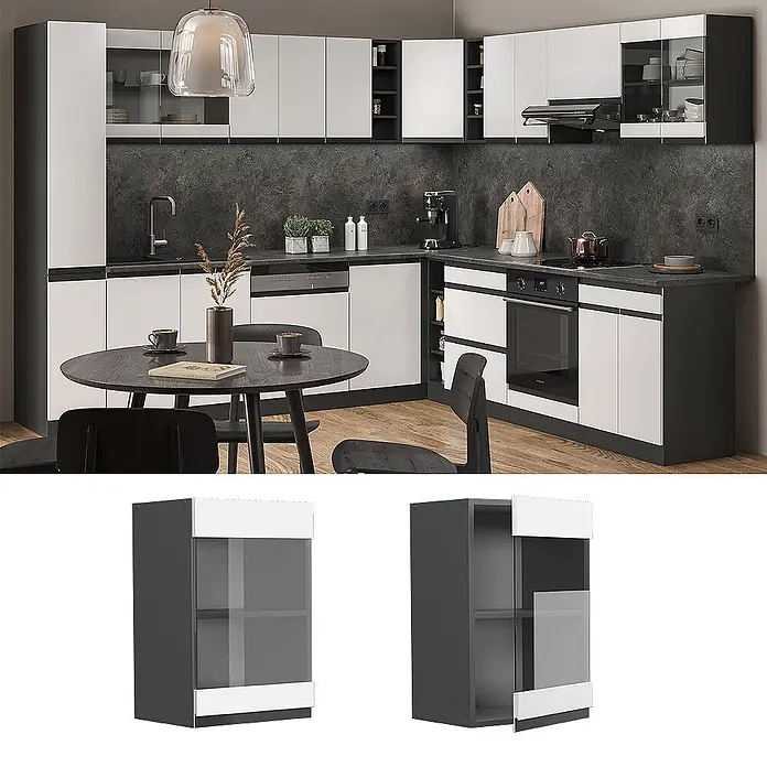 Vicco Schrankküche R-Line Weiß J-Shape - Weiß, Hängeglasschrank 40 cm grifflos - Moderne L-förmige Küche in Anthrazit und Weiß mit dunklen Arbeitsplatten, Einbaugeräten und Essbereich. Diverse Stauraumoptionen.