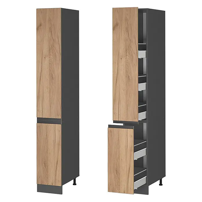 Vicco Apothekerschrank R-Line, Goldkraft Eiche, 30 cm -  - Hoher anthrazitfarbener Vorratsschrank mit holzfarbenen Türen und ausziehbaren Regalen.