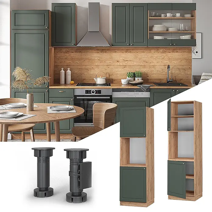 Vicco Schrankküche Fame-Line Grün-Gold Landhaus offen - Grün-Gold Landhaus, Herdumbauschrank hoch 60 cm offen - Grüne Küchenschränke mit Holzoptik-Innenleben, hohen Stau-Modulen und verstellbaren Möbelfüßen.