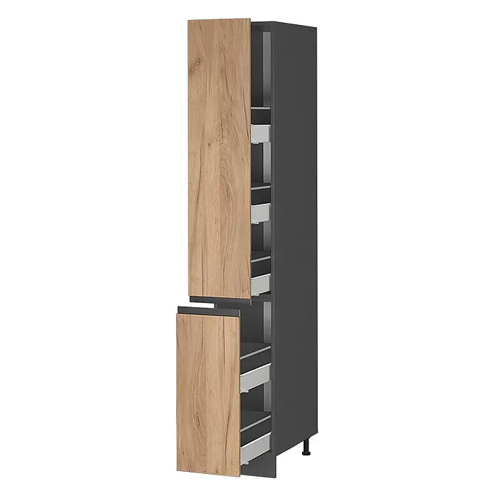 Vicco Apothekerschrank R-Line, Goldkraft Eiche, 30 cm -  - Hoher Küchenschrank in Dunkelgrau mit hellen Holzfronten und ausziehbaren Innenschubladen.
