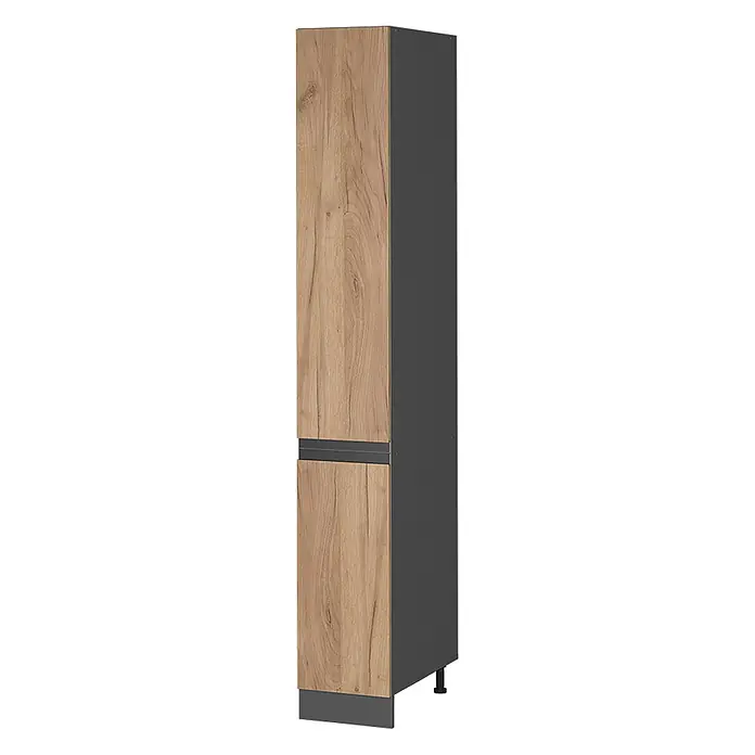 Vicco Apothekerschrank R-Line, Goldkraft Eiche, 30 cm -  - Hoher Schrank mit zwei hellen Eicheneffekt-Türen, dunkelgrauem Korpus, Zierleiste und Sockel.