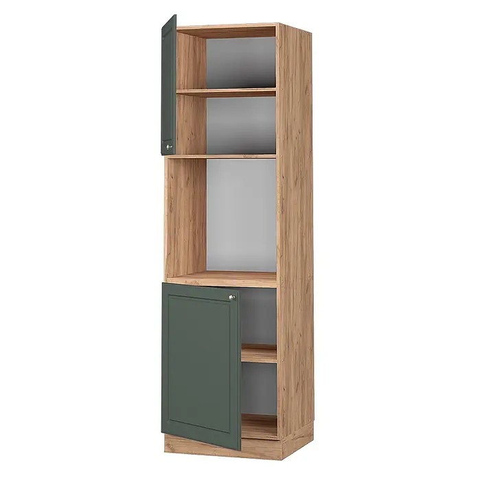 Vicco Schrankküche Fame-Line Grün-Gold Landhaus offen - Grün-Gold Landhaus, Herdumbauschrank hoch 60 cm offen - Hoher Hochschrank in heller Holzoptik mit offenen Fächern und zwei teilweise geöffneten dunkelgrünen Türen.