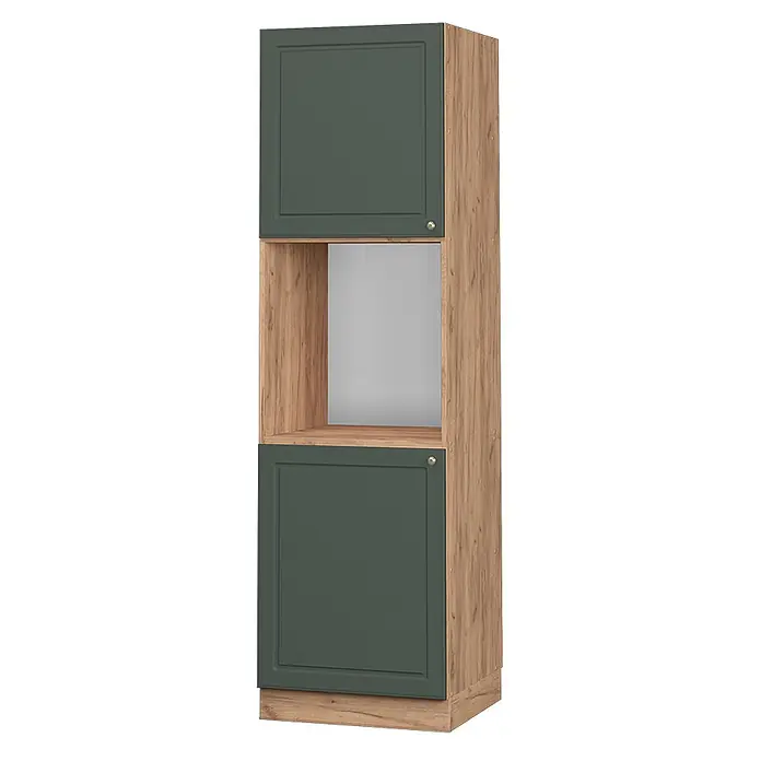 Vicco Schrankküche Fame-Line Grün-Gold Landhaus offen - Grün-Gold Landhaus, Herdumbauschrank hoch 60 cm offen - Hoher Schrank in Holzoptik mit dunkelgrünen Türen und offenem Mittelfach für ein Gerät.