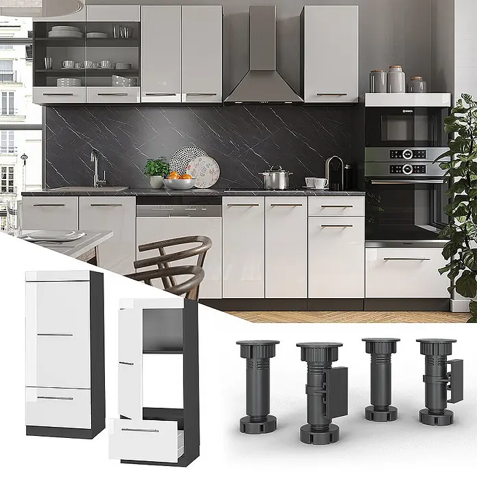 Vicco Schrankküche Fame-Line Weiß Hochglanz - Weiß Hochglanz, Mikrowellenumbauschrank 60 cm - Moderne weiße Hochglanz-Modulküche mit dunkler Marmor-Arbeitsplatte, inklusive Hochschrank und verstellbaren Möbelfüßen.