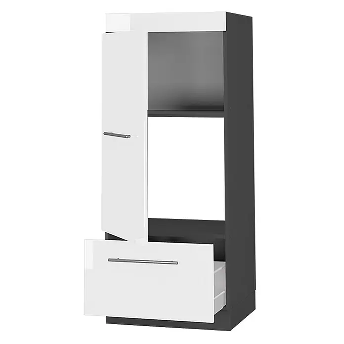 Vicco Schrankküche Fame-Line Weiß Hochglanz - Weiß Hochglanz, Mikrowellenumbauschrank 60 cm - Weiß-dunkelgrauer Hochschrank mit teilweise geöffneter Tür und Schublade, offenem Regal.