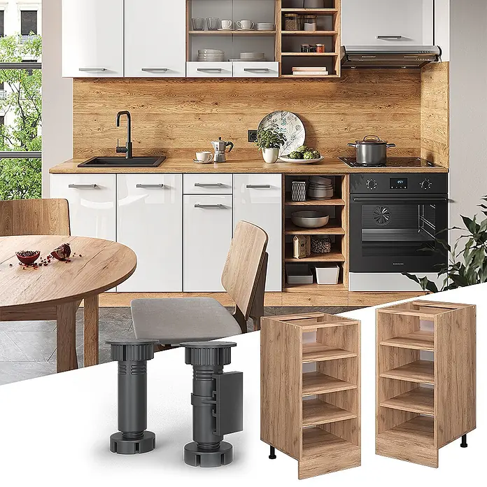 Vicco Schrankküche R-Line Goldkraft Eiche ohne Arbeitsplatte - Goldkraft Eiche, Regalunterschrank 40 cm - Verstellbare graue Kunststoff-Möbelfüße und helle Holz-Regalschränke für eine moderne Küche.