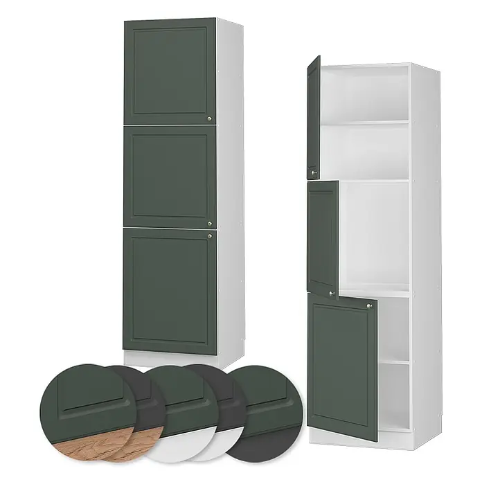 Vicco Schrankküche Fame-Line Grün-Gold Landhaus - Grün-Gold Landhaus, Vorratsschrank 60 cm Hoch - Zwei hohe dunkelgrüne Küchenschränke mit Rahmenfronten und Messingknöpfen, zeigen Innenregale und Sockeloptionen.