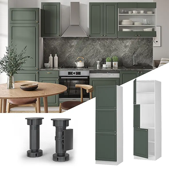 Vicco Schrankküche Fame-Line Grün-Gold Landhaus - Grün-Gold Landhaus, Vorratsschrank 60 cm Hoch - Modulare grüne Küchenschränke und -komponenten: Wand-, Hochschränke und verstellbare Sockelfüße, in moderner Küche gezeigt.