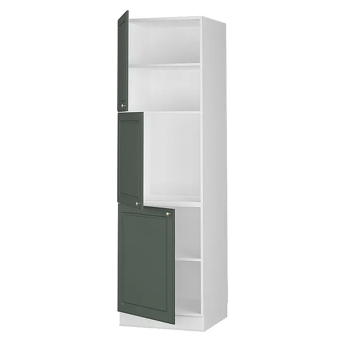 Vicco Schrankküche Fame-Line Grün-Gold Landhaus - Grün-Gold Landhaus, Vorratsschrank 60 cm Hoch - Hoher weißer Aufbewahrungsschrank mit drei dunkelgrünen Shaker-Türen, von denen zwei geöffnet sind und weiße Regale zeigen.