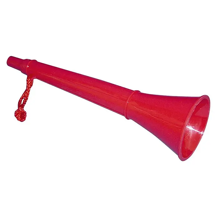Signalhorn - 108 dB, Länge: 296 mm - Nahaufnahme einer roten Vuvuzela, einem lauten Blasinstrument, oft bei Sportveranstaltungen eingesetzt.