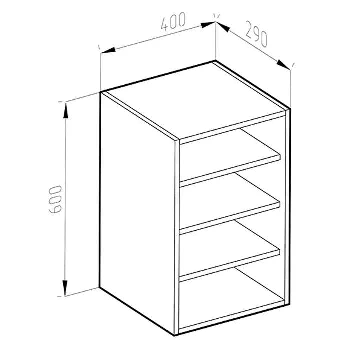 Vicco Schrankküche R-Line Anthrazit - Anthrazit, Regalhängeschrank 40 cm - Schemazeichnung eines Schranks mit vier Regalböden, 600mm H x 400mm B x 290mm T.