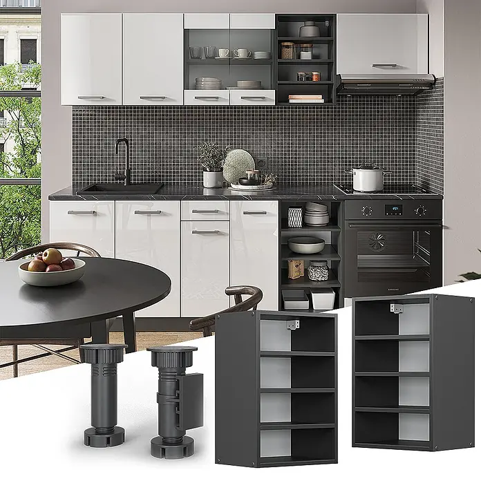 Vicco Schrankküche R-Line Anthrazit - Anthrazit, Regalhängeschrank 40 cm - Eine moderne Küche mit weißen Hochglanzschränken, schwarzer Arbeitsplatte, Spüle, Ofen und dunkelgrauen offenen Regalen, mit verstellbaren Beinen und Regaleinheiten.