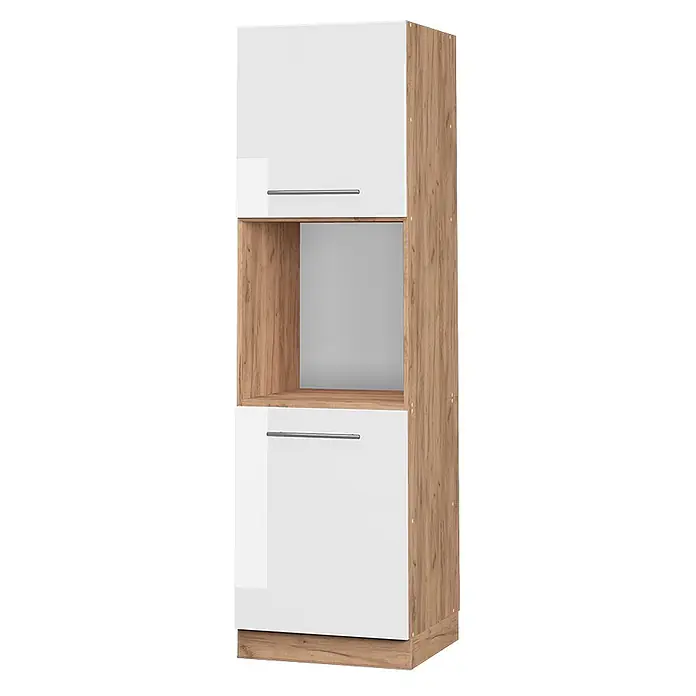 Vicco Schrankküche Fame-Line Weiß Hochglanz offen - Weiß Hochglanz, Herdumbauschrank hoch 60 cm offen - Hoher Schrank mit weißen Türen, Metallgriffen und Holzoptik-Rahmen. Mit offenem Fach zur Aufbewahrung.