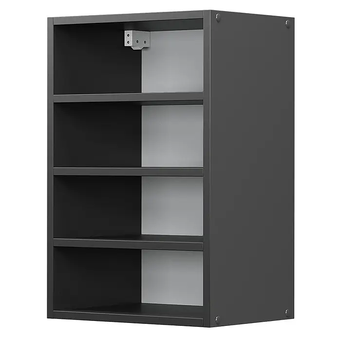 Vicco Schrankküche R-Line Anthrazit - Anthrazit, Regalhängeschrank 40 cm - Dunkelgraues Regal mit vier Fächern, teils hellgrauer, teils dunkelgrauer Rückwand und sichtbarer Metallhalterung.