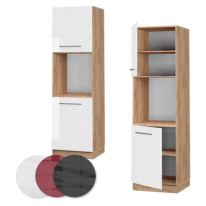 Vicco Schrankküche Fame-Line Weiß Hochglanz offen - Weiß Hochglanz, Herdumbauschrank hoch 60 cm offen - Hoher Holzschrank mit weißen, roten, schwarzen Hochglanztüren und offenen Fächern. Geschlossen und offen gezeigt.