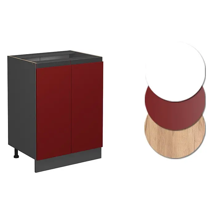 Vicco Schrankküche R-Line Rot J-Shape, ohne Arbeitsplatte - Rot, Unterschrank 60 cm grifflos - Roter Tür-Küchenunterschrank mit dunkelgrauem Rahmen und Sockel. Inklusive weißer, roter und Holz-Muster.