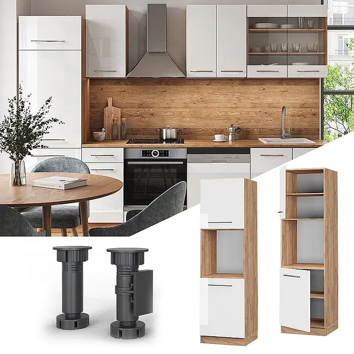 Vicco Schrankküche Fame-Line Weiß Hochglanz offen - Weiß Hochglanz, Herdumbauschrank hoch 60 cm offen - Moderne Küche mit weißen Hochglanzschränken, Holzdetails und modularen Aufbewahrungseinheiten, inklusive verstellbarer Füße.