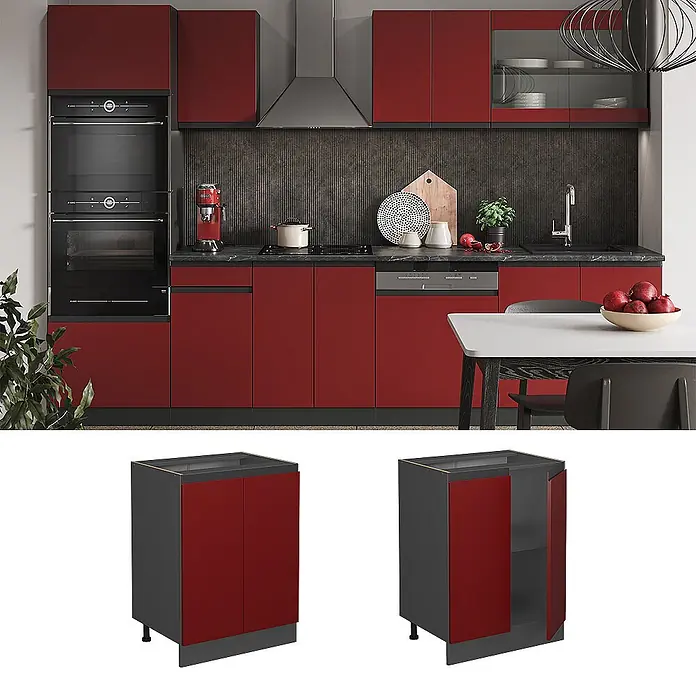 Vicco Schrankküche R-Line Rot J-Shape, ohne Arbeitsplatte - Rot, Unterschrank 60 cm grifflos - Moderner Küchenunterschrank mit dunkelgrauem Korpus und zwei roten Türen, eine offen mit Innenablage.