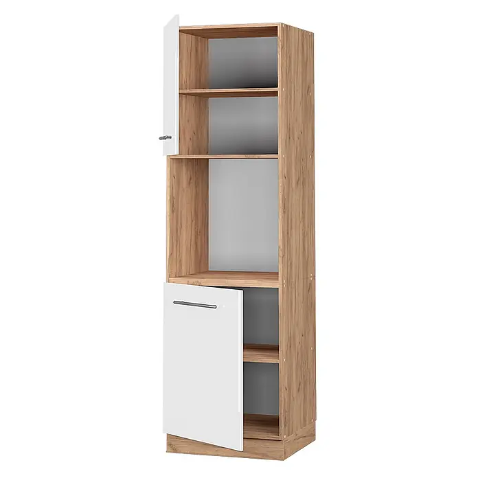 Vicco Schrankküche Fame-Line Weiß Hochglanz offen - Weiß Hochglanz, Herdumbauschrank hoch 60 cm offen - Hohes Regal in Holzoptik mit weißen Türen, mit offenen und geschlossenen Fächern.
