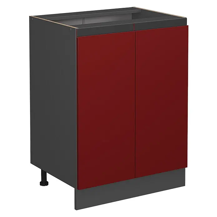 Vicco Schrankküche R-Line Rot J-Shape, ohne Arbeitsplatte - Rot, Unterschrank 60 cm grifflos - Küchenunterschrank mit dunkelgrauem Korpus, zwei roten Türen und grauer Sockelleiste.