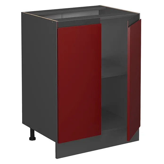 Vicco Schrankküche R-Line Rot J-Shape, ohne Arbeitsplatte - Rot, Unterschrank 60 cm grifflos - Dunkelgrauer Küchenunterschrank mit zwei roten Türen, eine leicht geöffnet, offenbart ein Innenregal und verstellbare Füße.